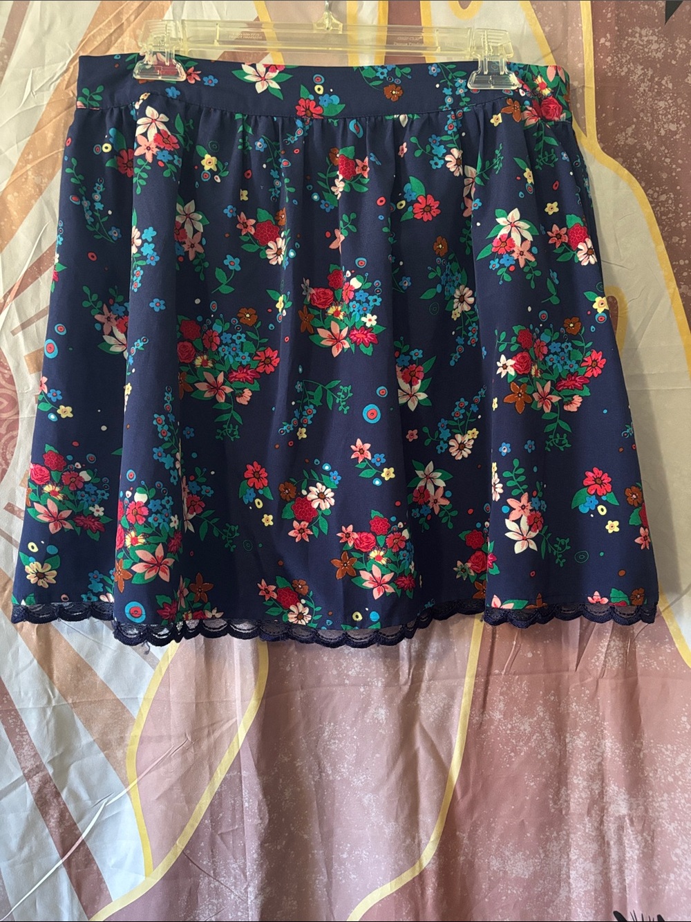 Forever 21 Navy Floral Mini Skirt size L lace detail along bottom of skirt